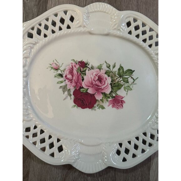 Set Of 3 Vintage Floral Porcelain Plates With Intricate Cutout Design & Pink Ros - Picture 8 of 16